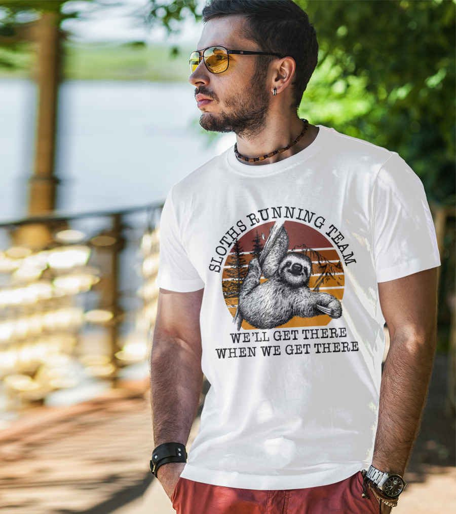 SLOTHS RUNNING TEAM WE'LL GET THERE WHEN WE GET THERE Retro Sunset Forest T-Shirt