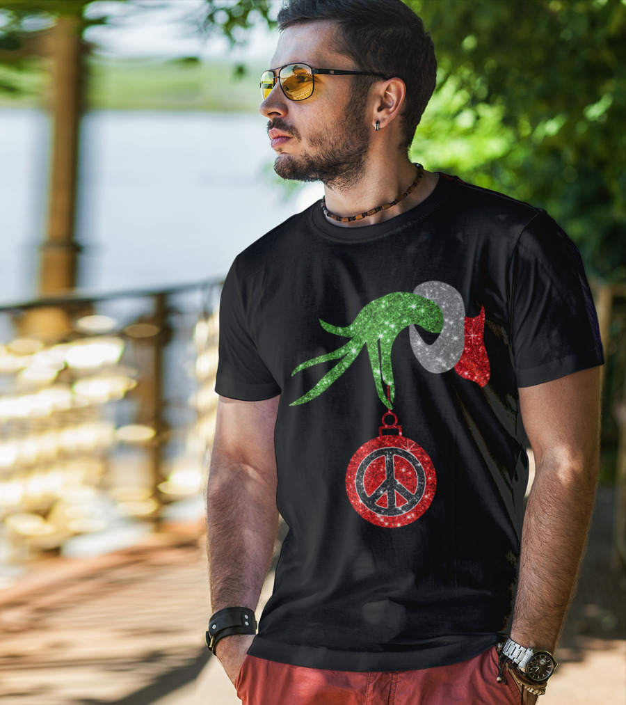 Grinch Hand Holding Peace Sign Ornament Christmas Hippie T-Shirt
