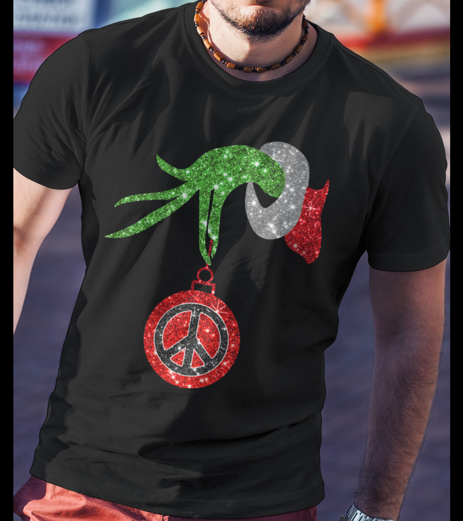 Grinch Hand Holding Peace Sign Ornament Christmas Hippie T-Shirt