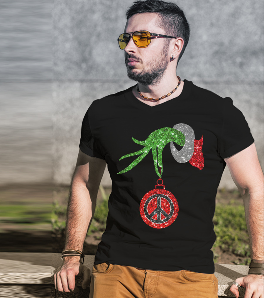 Grinch Hand Holding Peace Sign Ornament Christmas Hippie T-Shirt