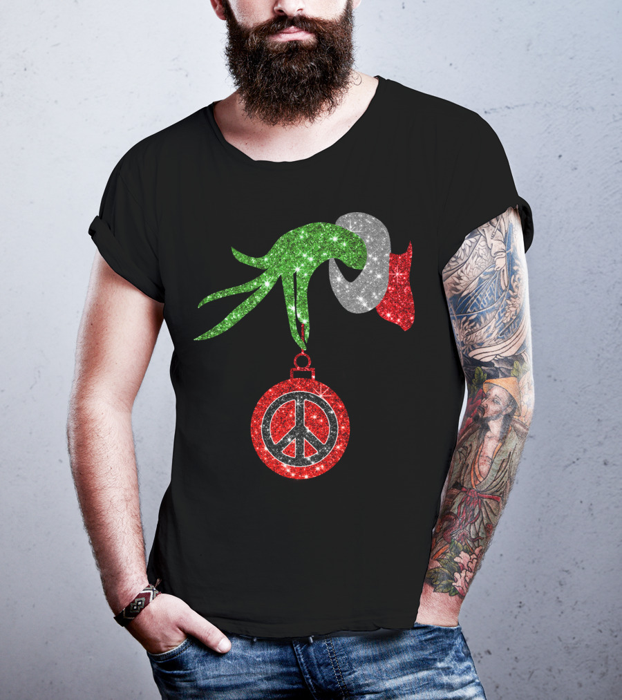 Grinch Hand Holding Peace Sign Ornament Christmas Hippie T-Shirt