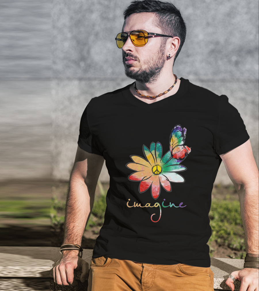 Imagine Peace Flower Hippie Butterfly T-Shirt