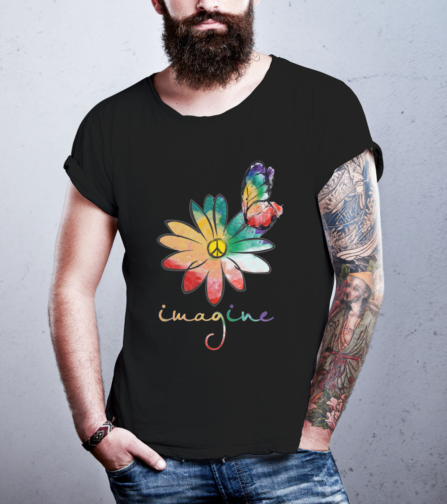 Imagine Peace Flower Hippie Butterfly T-Shirt