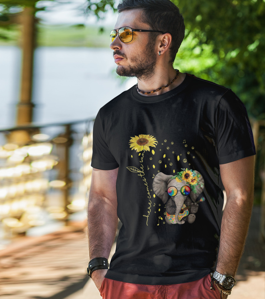Here Comes The Sun Elephant With Sunflower And Peace Symbols T-Shirt