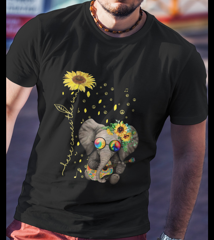 Here Comes The Sun Elephant With Sunflower And Peace Symbols T-Shirt