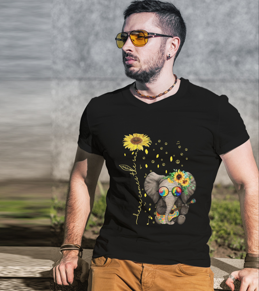 Here Comes The Sun Elephant With Sunflower And Peace Symbols T-Shirt