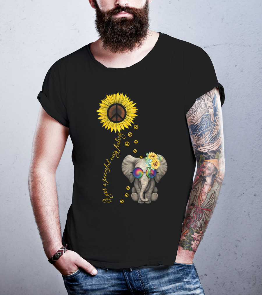 I Got A Peaceful Easy Feeling Elephant With Sunflower And Peace Symbols T-Shirt