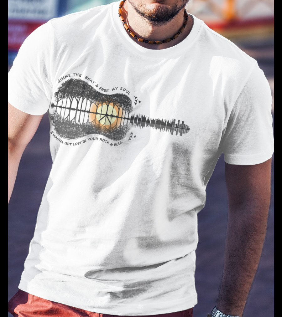 Gimme The Beat And Free My Soul I Wanna Get Lost In Your Rock And Roll Guitar Skyline Sunset T-Shirt