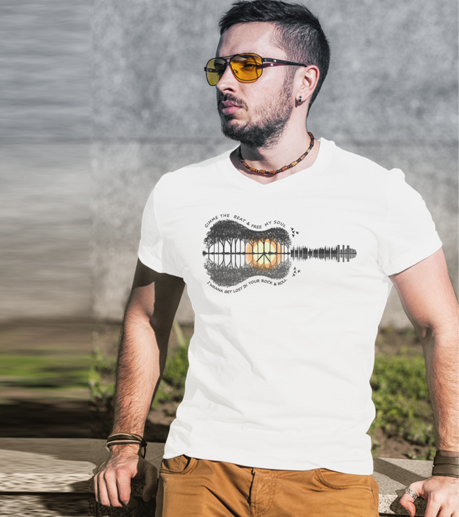 Gimme The Beat And Free My Soul I Wanna Get Lost In Your Rock And Roll Guitar Skyline Sunset T-Shirt