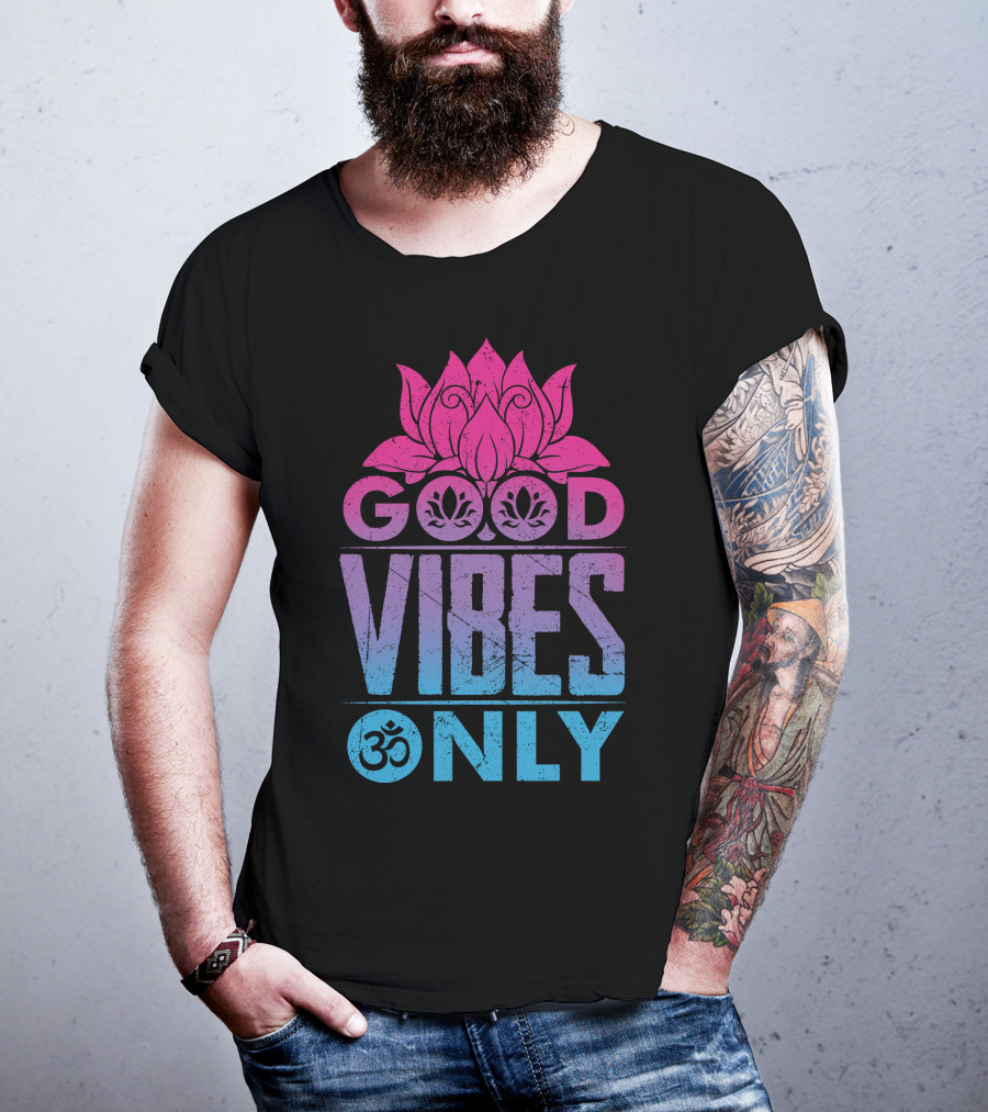 Good Vibes Only Lotus Om Symbol Text T-Shirt