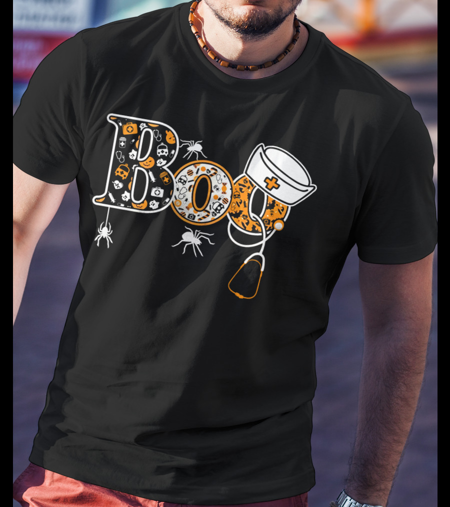 Boo Nurse Halloween Stethoscope Spider Hat T-Shirt