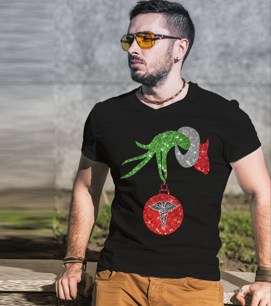 Grinch Hand Holding Caduceus Christmas Ornament Nurse T-Shirt