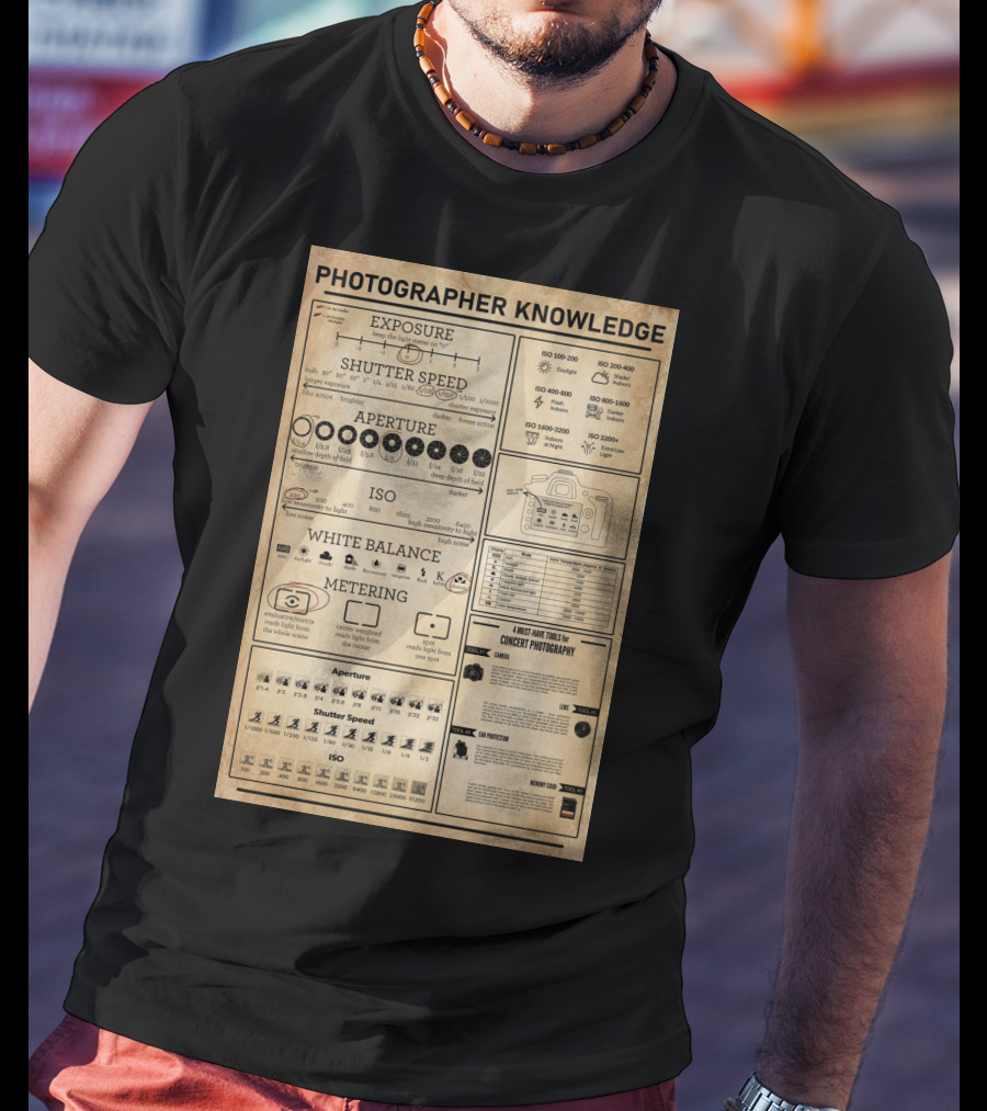 Photographer Knowledge Exposure Shutter Speed Aperture ISO White Balance Metering Concert Photography Guide T-Shirt