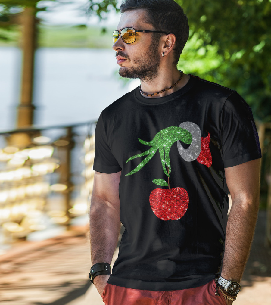 Green Grinch Hand Holding Shiny Red Apple T-Shirt