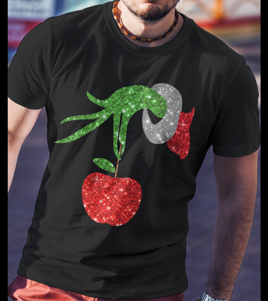 Green Grinch Hand Holding Shiny Red Apple T-Shirt