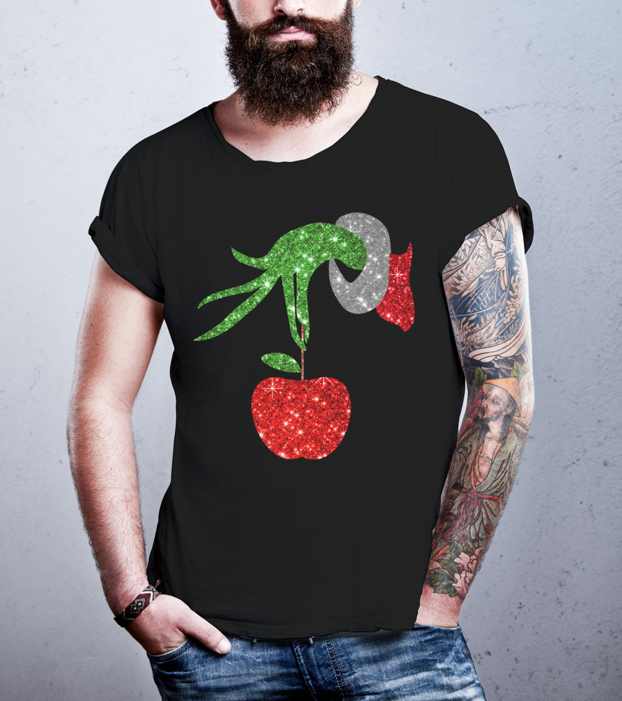 Green Grinch Hand Holding Shiny Red Apple T-Shirt