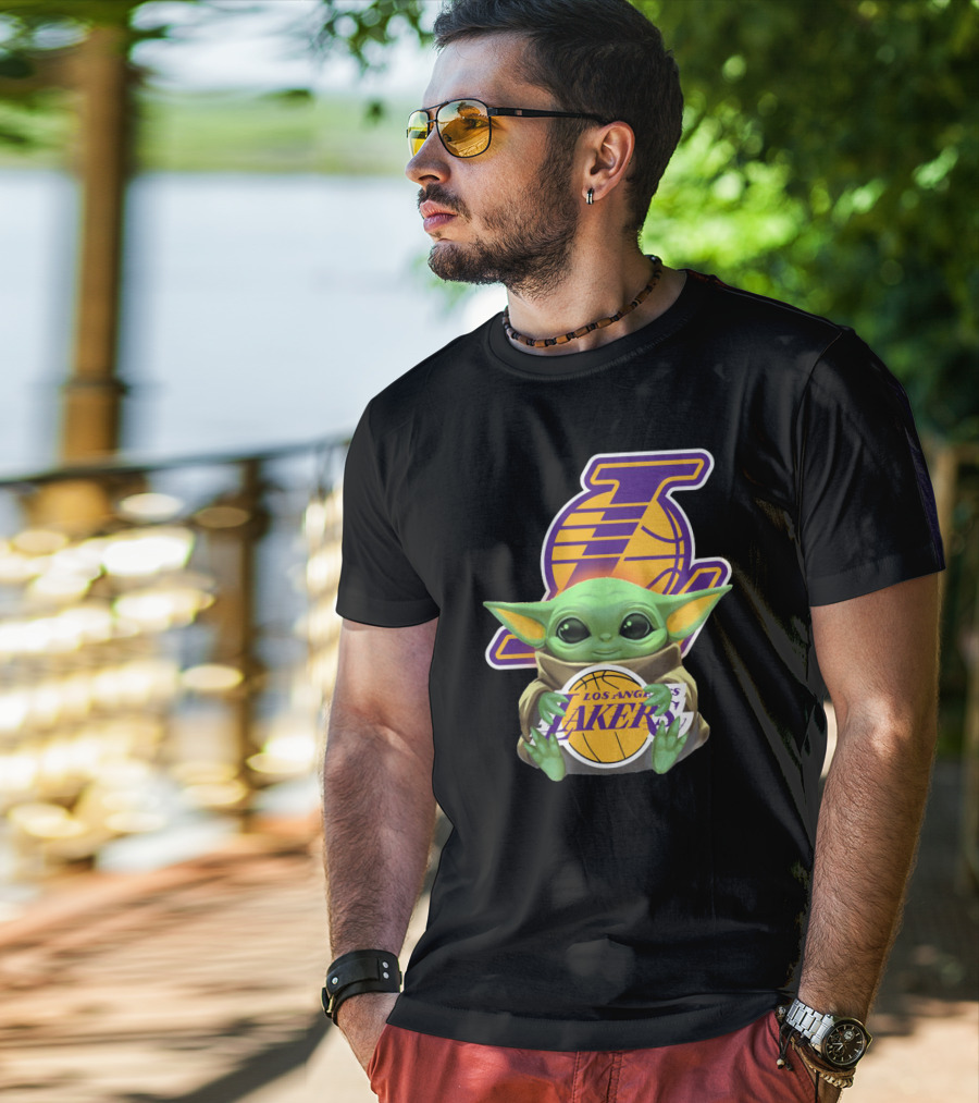 Los Angeles Lakers Baby Yoda Holding Basketball T-Shirt