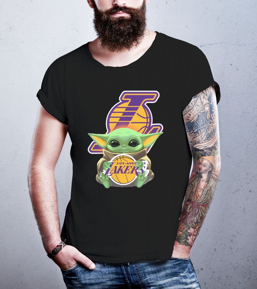 Los Angeles Lakers Baby Yoda Holding Basketball T-Shirt