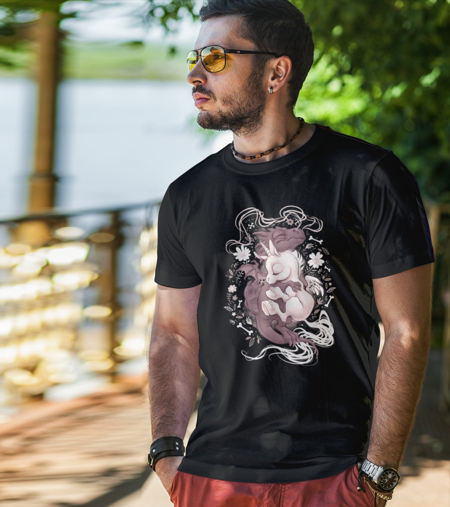 Dragon Unicorn Sleeping Embrace With Flowers And Bones T-Shirt
