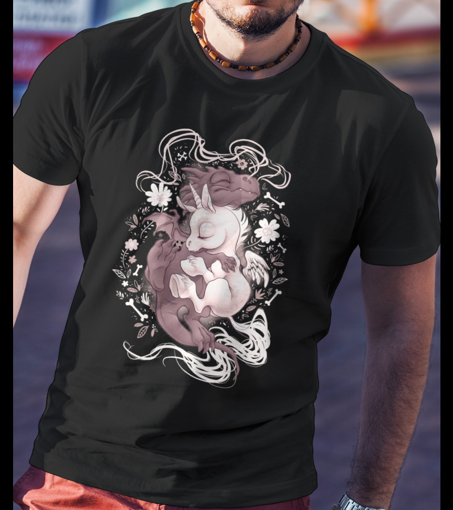 Dragon Unicorn Sleeping Embrace With Flowers And Bones T-Shirt