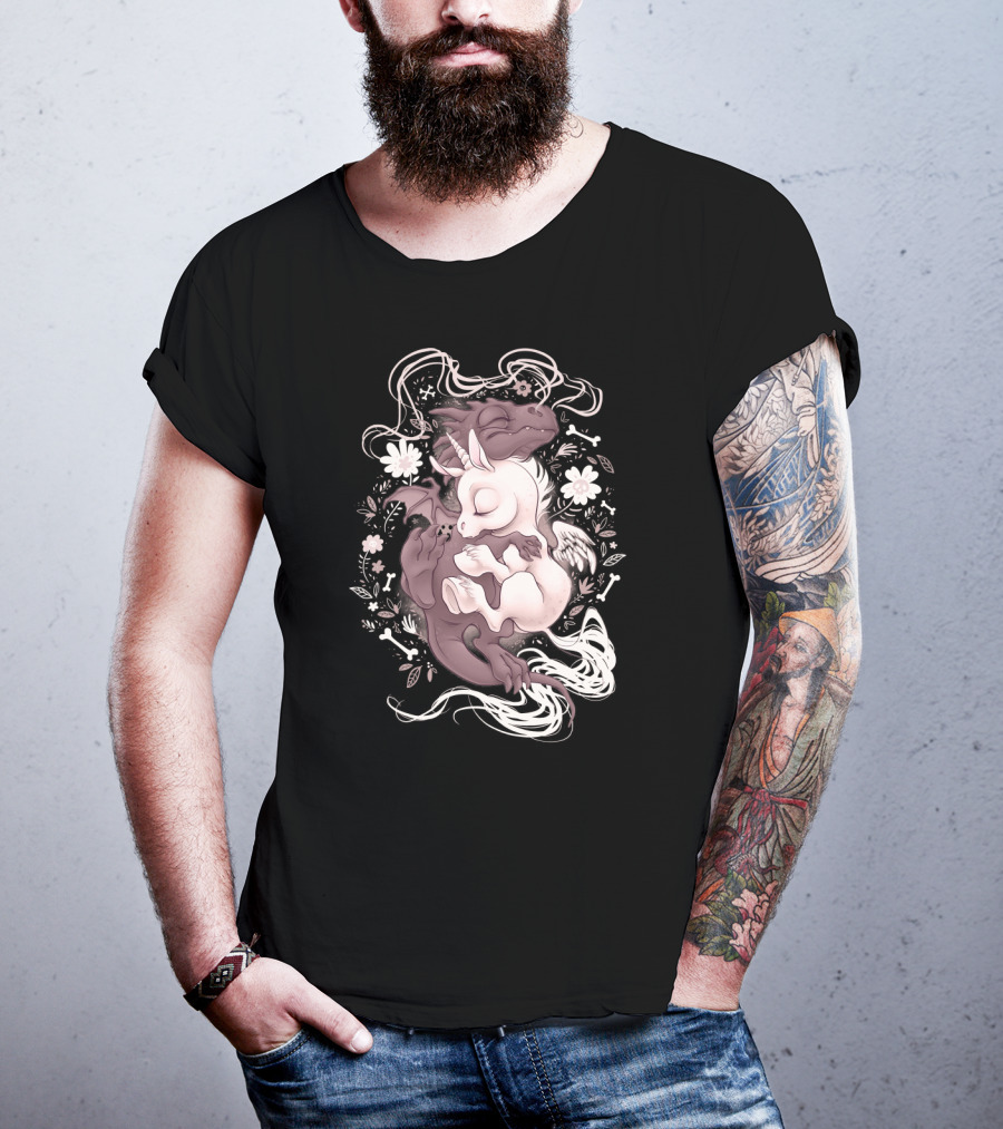 Dragon Unicorn Sleeping Embrace With Flowers And Bones T-Shirt