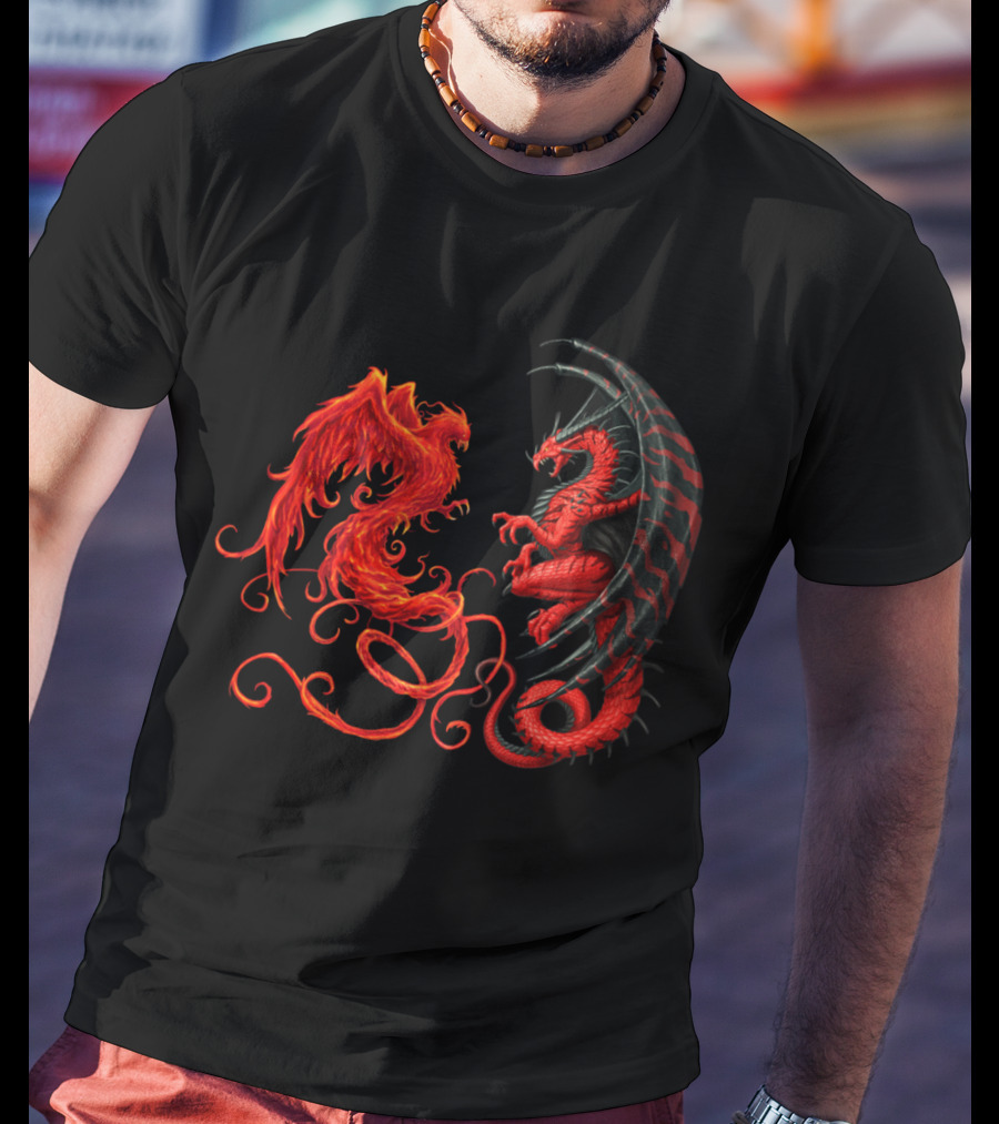 Dragon And Phoenix Symbols IN Red And Black Encounter T-Shirt