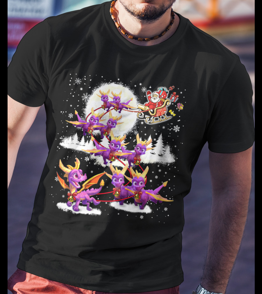 Santa's Sleigh Pulled By Purple Dragon Reindeer T-Shirt
