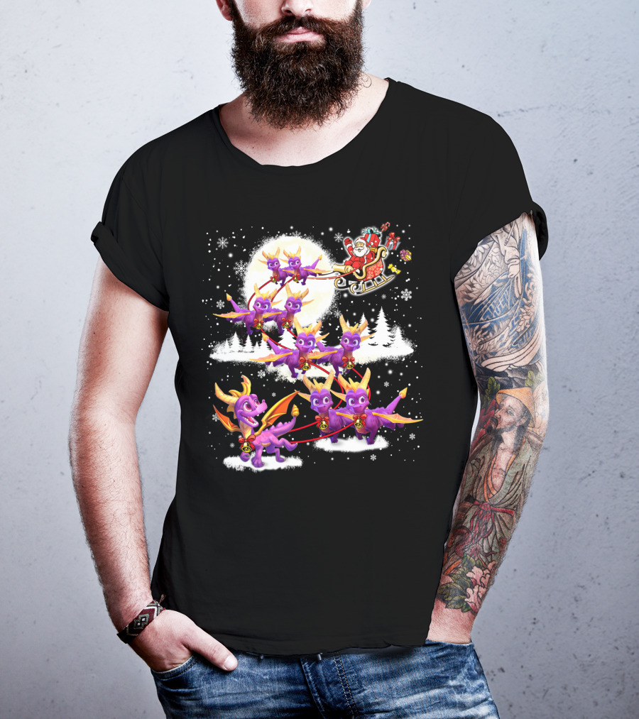 Santa's Sleigh Pulled By Purple Dragon Reindeer T-Shirt