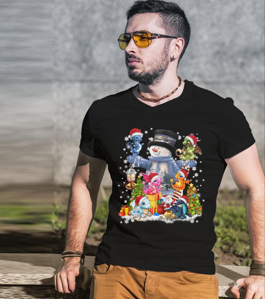 Dragons Play With Snowman IN Christmas Scene T-Shirt