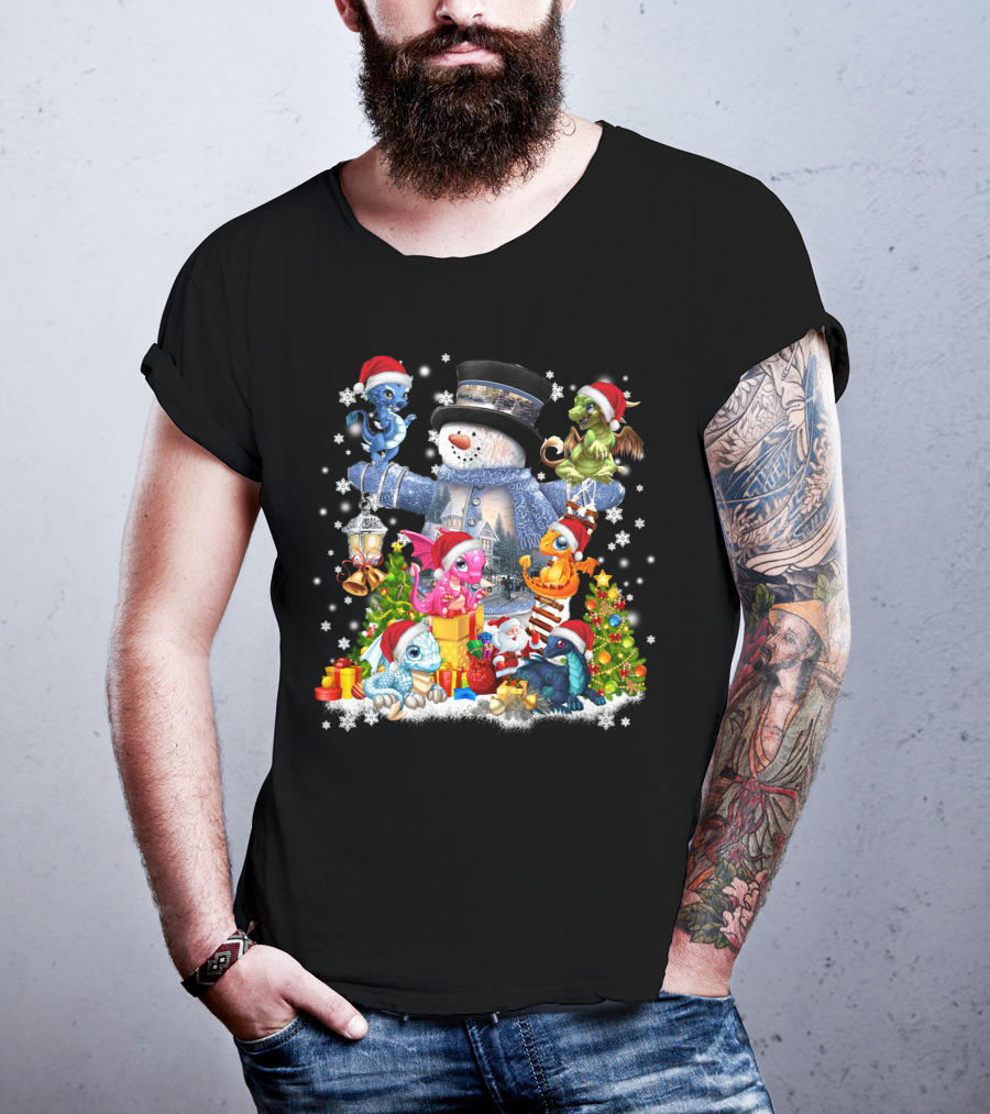 Dragons Play With Snowman IN Christmas Scene T-Shirt