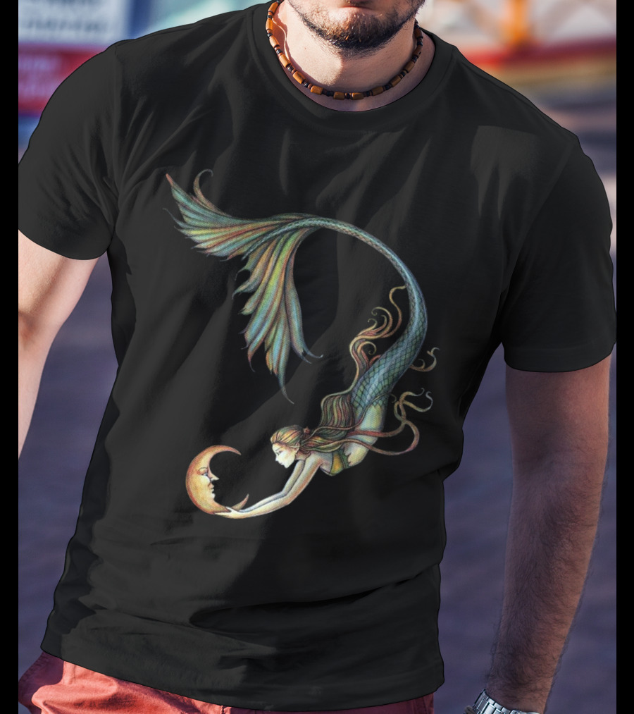 Mermaid Embrace With Smiling Crescent Moon T-Shirt