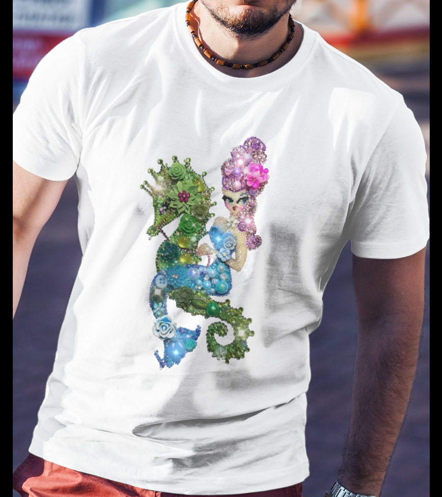 Mermaid Riding A Seahorse Jewel Embellished Fantasy Creature T-Shirt