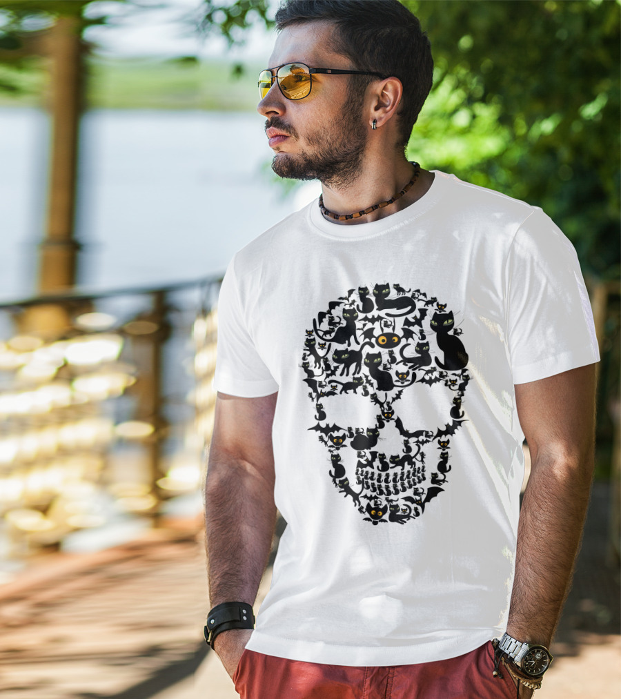 Skull Cats Black Cats And Bats Pattern SK01 T-Shirt