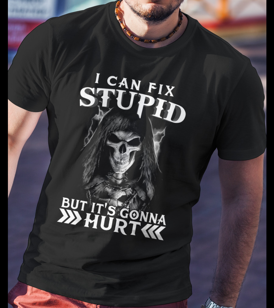 I Can Fix Stupid But It's Gonna Hurt Skull With Hood And Lightning T-Shirt