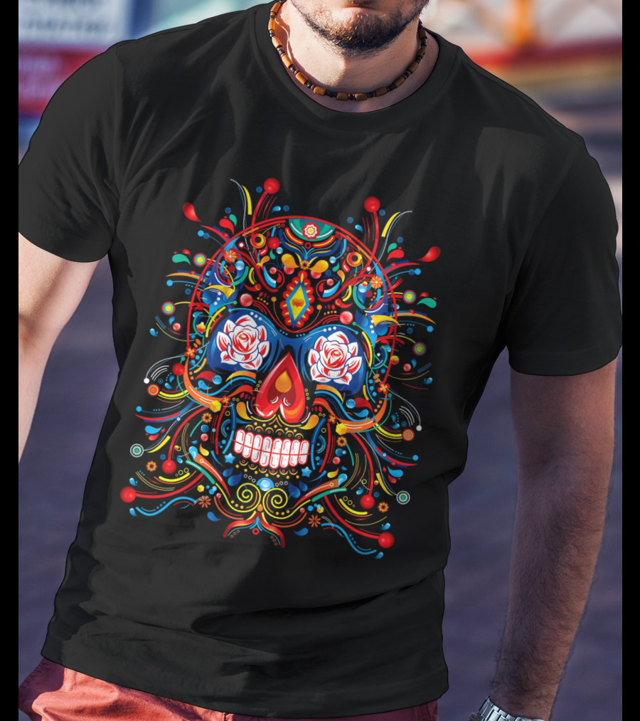 Skull Vibrant Colorful Floral Día De Los Muertos T-Shirt