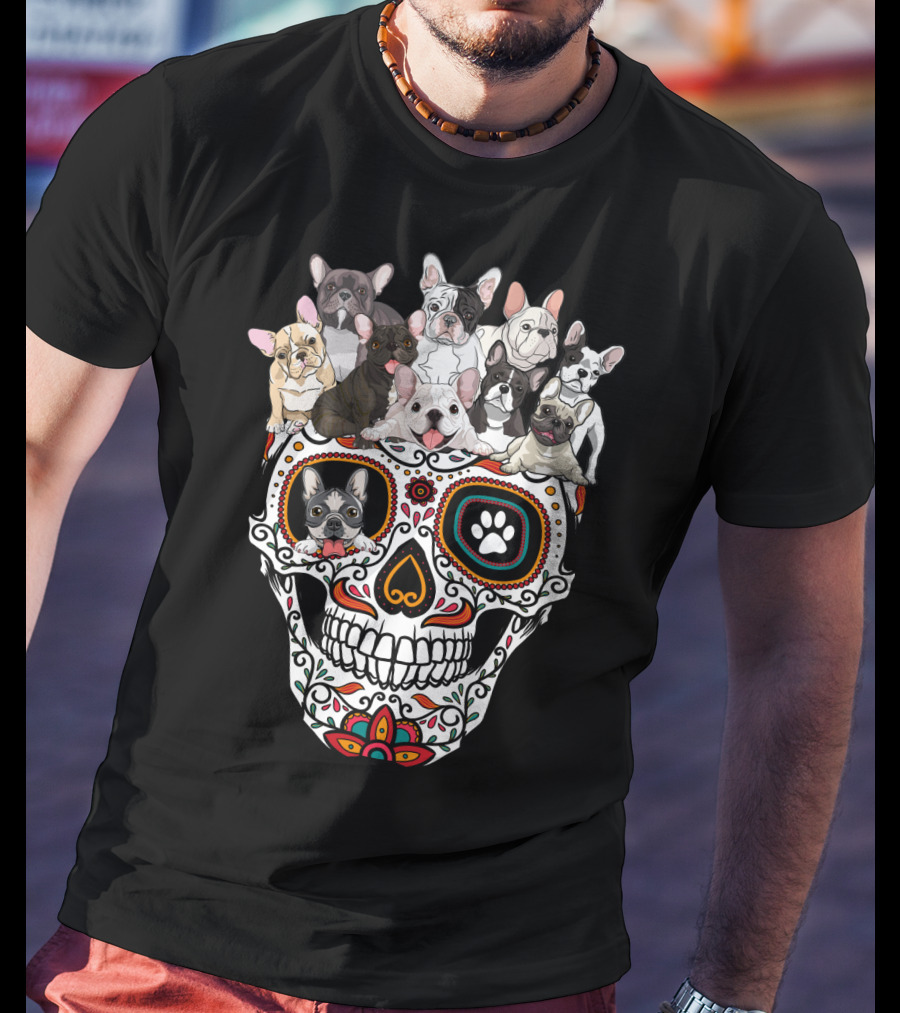 Skull Sugar French Bulldog Día De Los Muertos T-Shirt