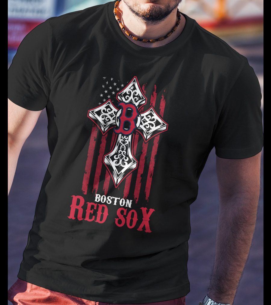 Boston Red Sox Patriotic Cross Stars And Stripes Motif T-Shirt