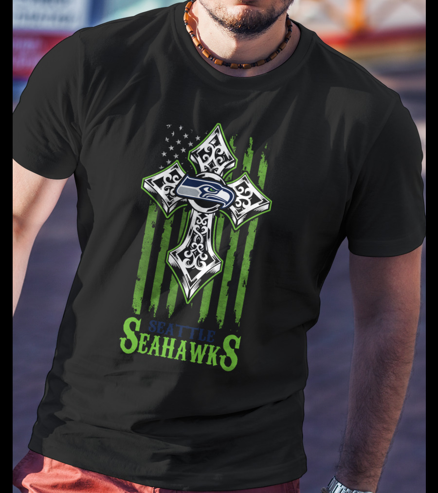 Seattle Seahawks Cross With American Flag Elements T-Shirt