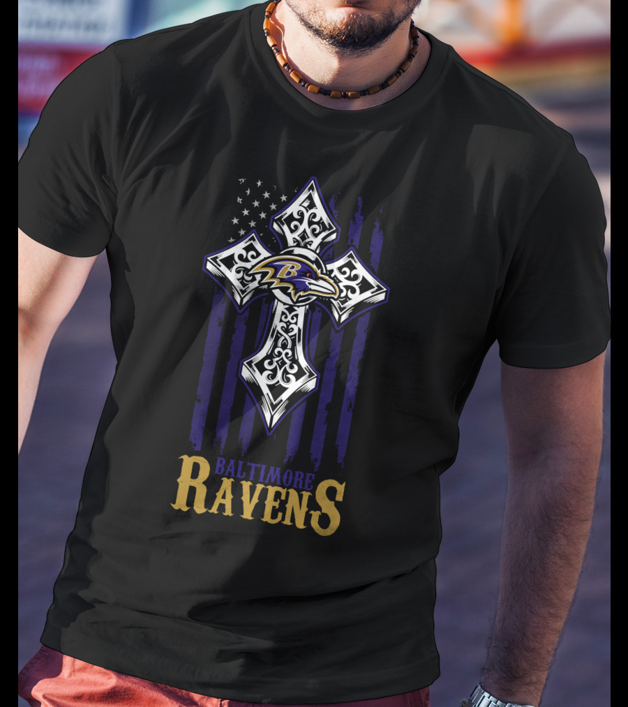 Baltimore Ravens Cross American Flag T-Shirt