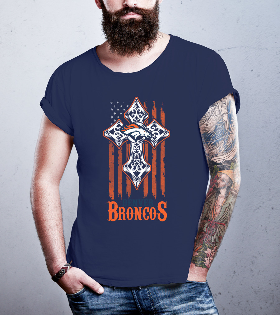 Denver Broncos American Flag Cross Horse T-Shirt