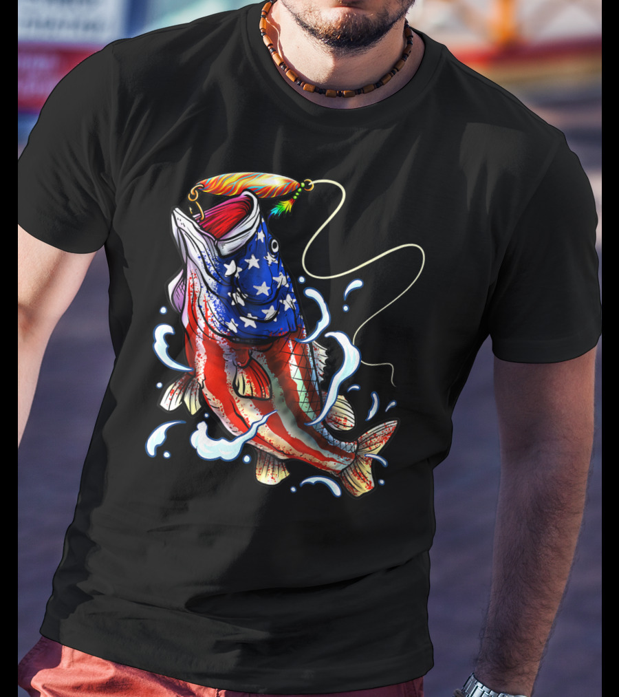 Bass Fishing Angler Dad With American Flag T-Shirt