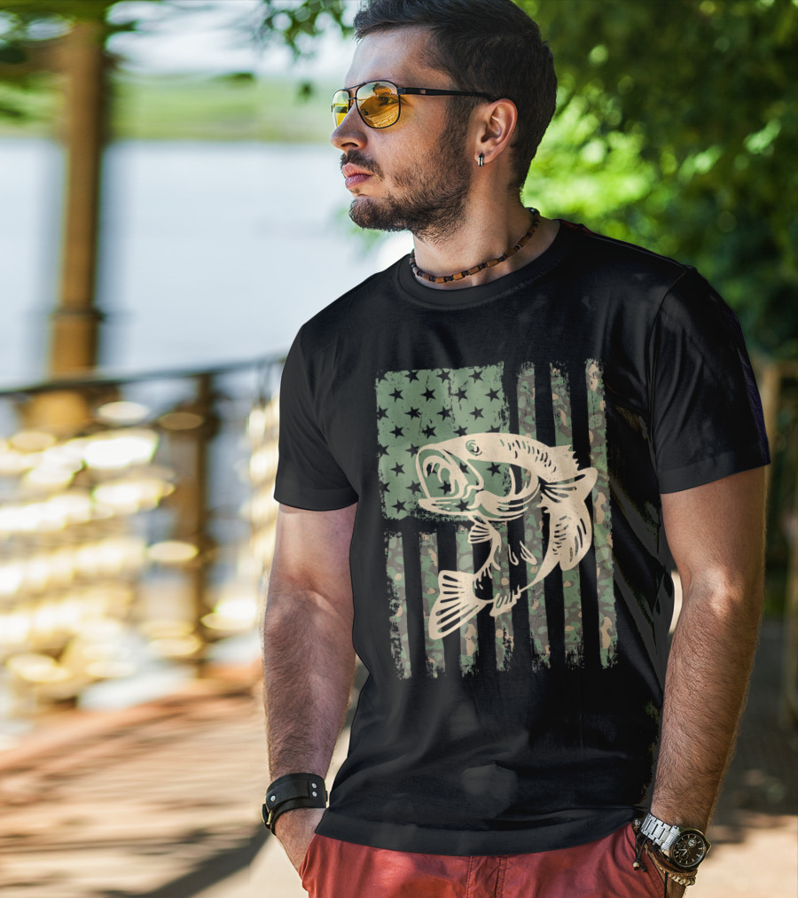 Camouflage USA Flag Big Mouth Bass Fishing T-Shirt