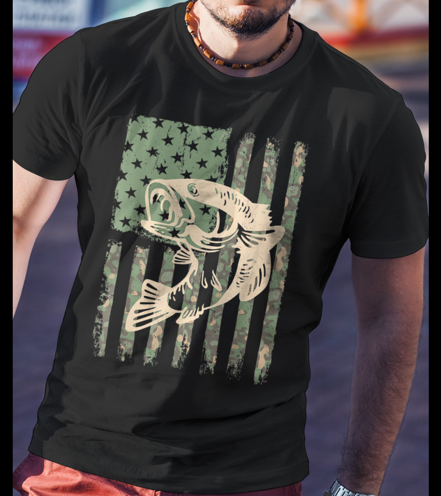 Camouflage USA Flag Big Mouth Bass Fishing T-Shirt