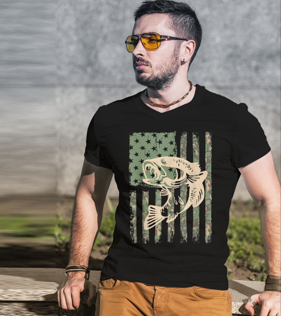Camouflage USA Flag Big Mouth Bass Fishing T-Shirt