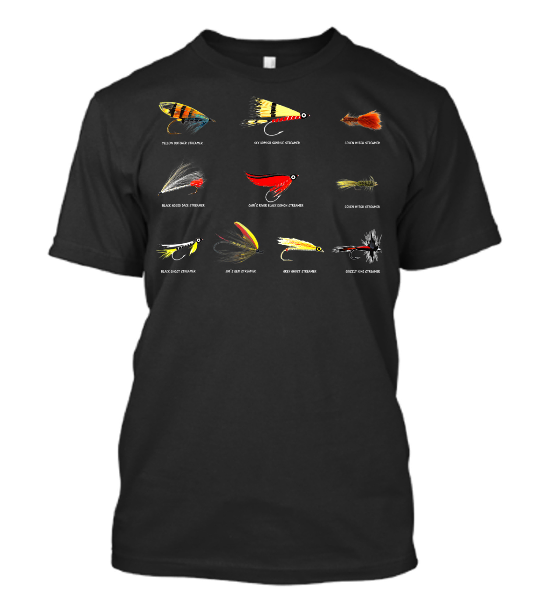 Yellow Butcher Black Ghost Coachman Gray Drake Dan's Orange Ginger Bristol Streamer Fly Pattern Lures T-Shirt