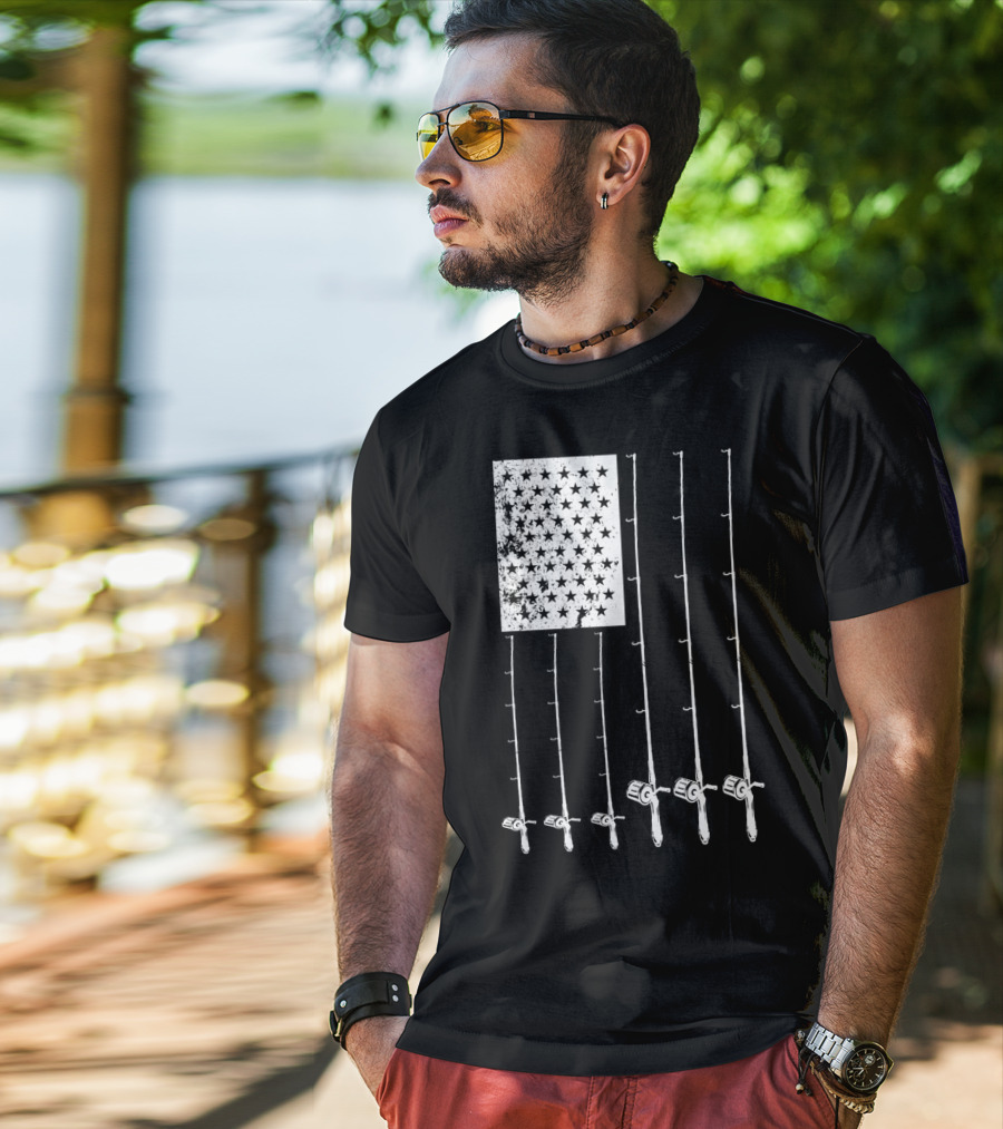 Fishing Rods American Flag Stars T-Shirt