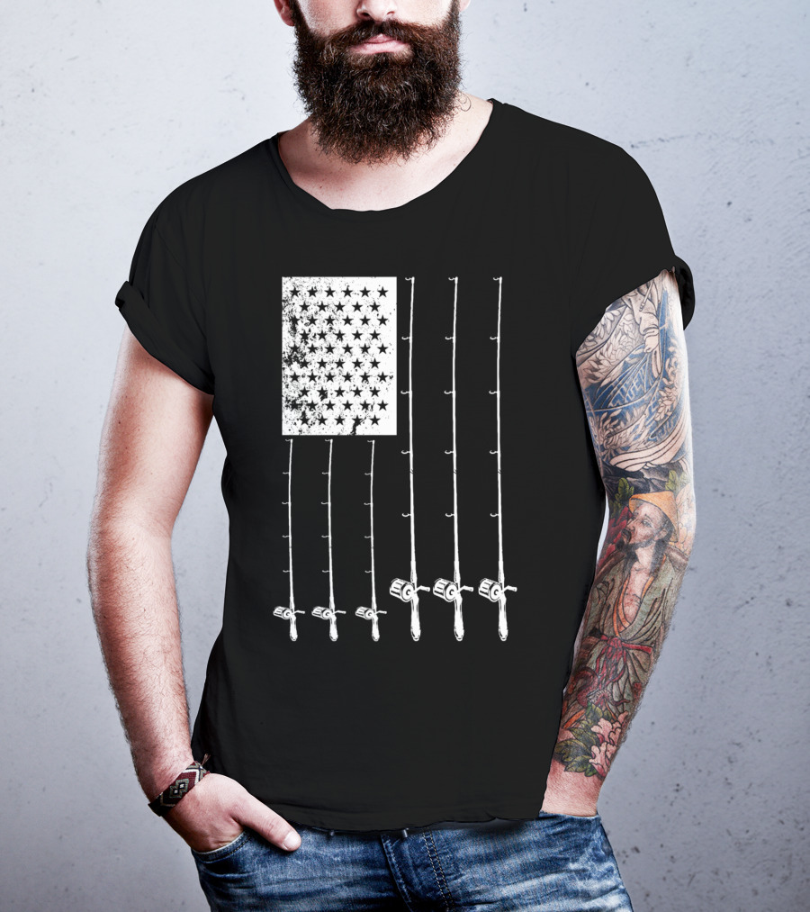 Fishing Rods American Flag Stars T-Shirt