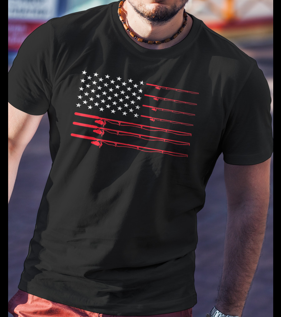 American USA Flag Fishing Rods Fisherman T-Shirt