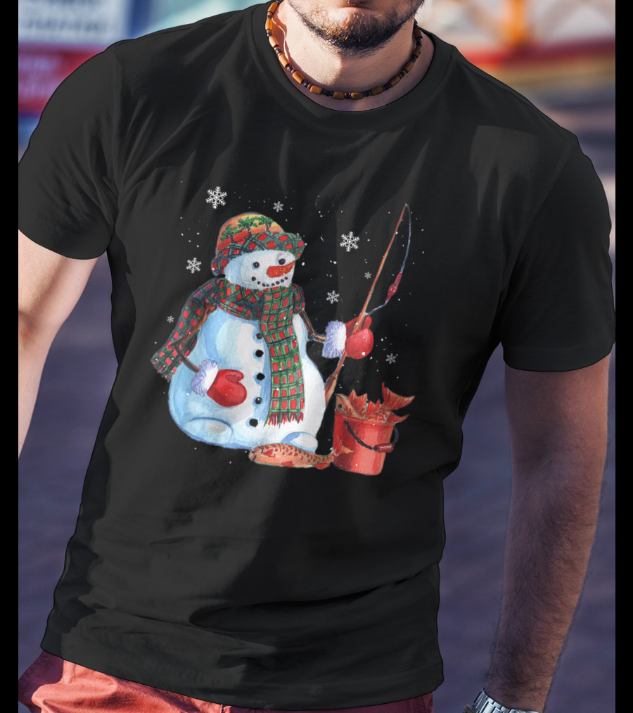 Merry Christmas Fishing Snowman With Fish And Snowflakes For Fishing Lovers T-Shirt