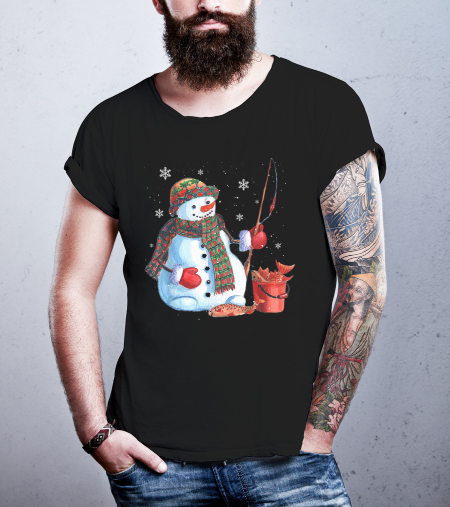 Merry Christmas Fishing Snowman With Fish And Snowflakes For Fishing Lovers T-Shirt